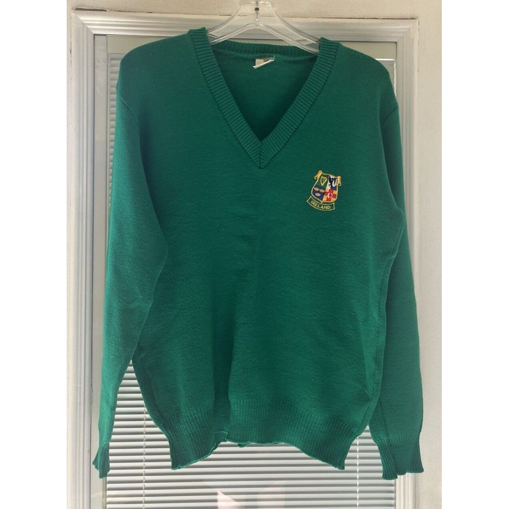 Vintage Ireland Sweater Made in Ireland Green Crest V Neck Womens Mens